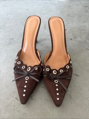 Amazon Brown Suede Pointed Toe Slip-On Mules with Eyelet Detail